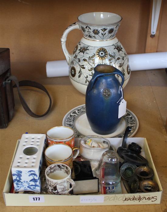 Large Wedgwood aesthetic jug, 3 coffee cans etc & mixed collectables, clay pipe etc